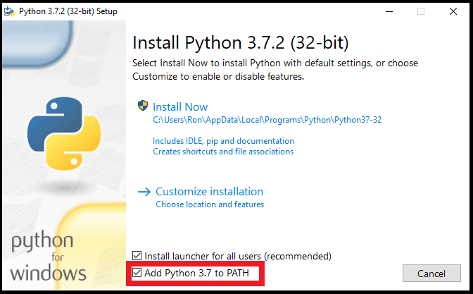 Original Python installer PATH checkbox